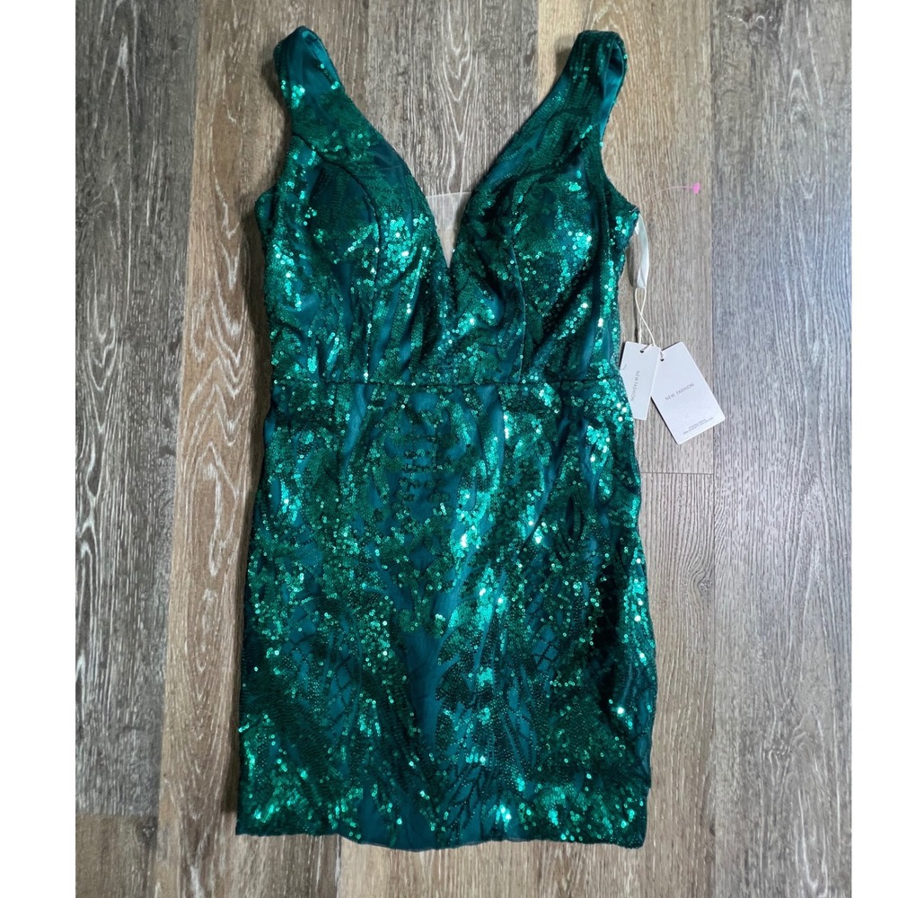 New Fashion Sequin Dress Women 10 Green V-Neck Sleeveless Bodycon Mini Cocktail